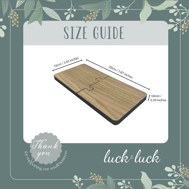 May include: A wooden puzzle with two pieces, measuring 7.87 inches by 3.93 inches. The puzzle is made of light brown wood with a black border. The text "luck & luck" is printed on the bottom of the image.