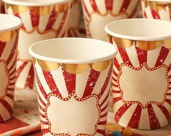 Pappmuggar i vintagestil, cirkus, 8-pack, röda och vita 255 ml, födelsedagsfestmuggar, karnevalsbordsservis, barnfestmuggar