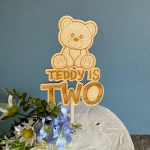 Personalised Teddy Bear Cake Topper, Childrens 2nd Birthday Cake Decoration, Kids Birthday Wooden Cake Topper, Teddy Bear Birthday Party