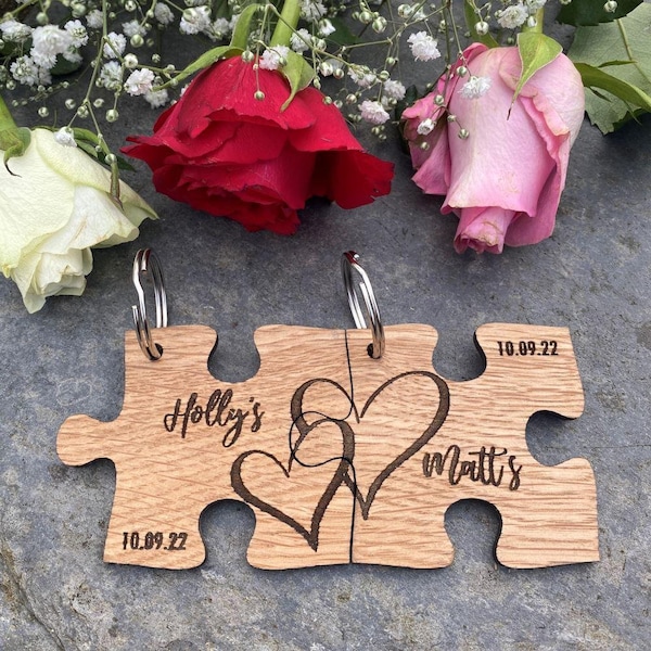 2 Personalised Wooden Couples Jigsaw Keyrings, Wooden Anniversary Gift For Couple, Engraved Key Fob Keepsake With Names, Heart And Date