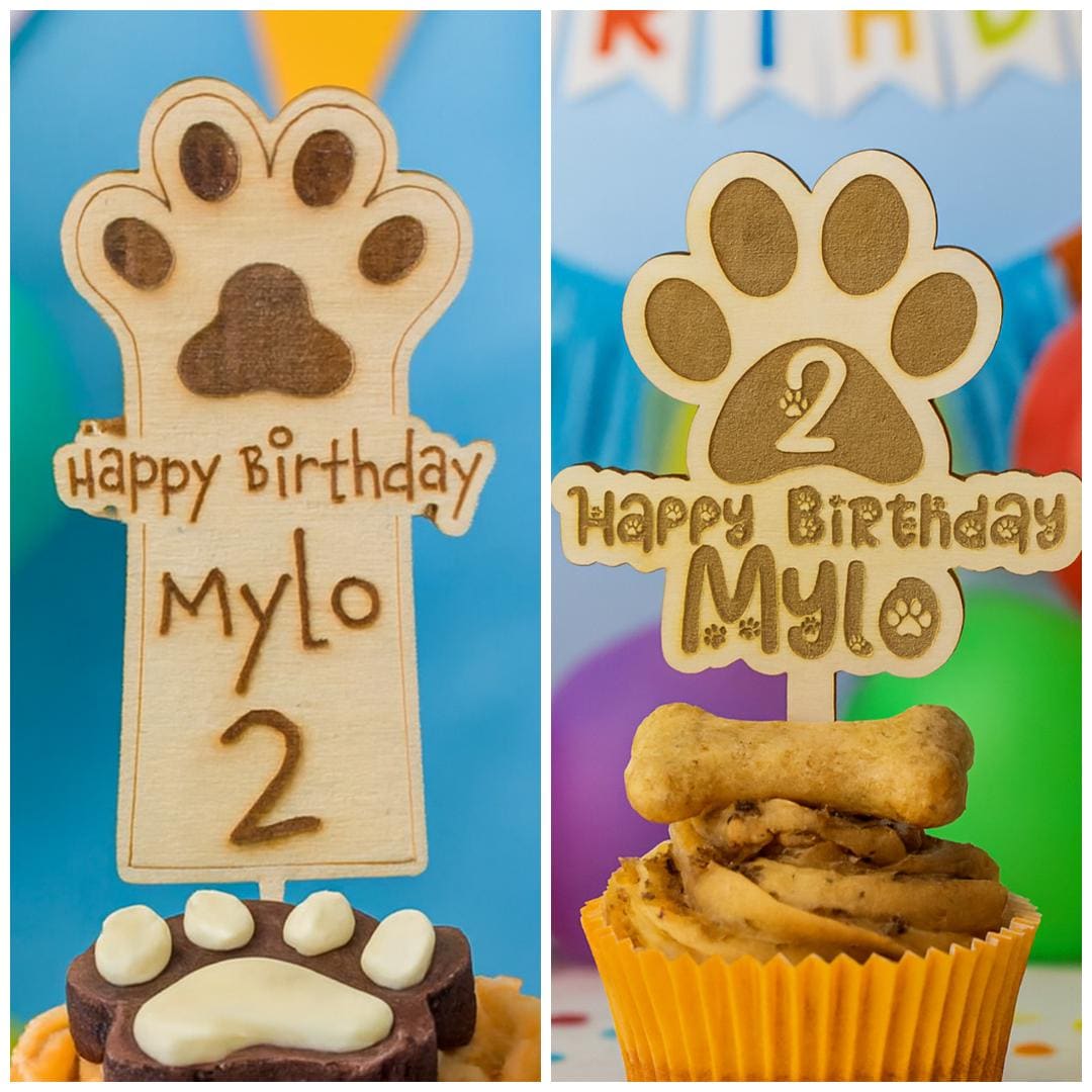 Hond verjaardag cupcake topper, gepersonaliseerde taarttopper voor honden,  puppyfeestje, houten taarttopper met pootafdruk, cupcake decoratie,  huisdierfeestkeuze - Etsy België, image size:1080x1080