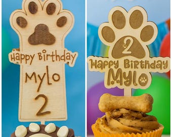 Dog Birthday Cupcake Topper, Personalised Topper For Dogs, Puppy Party, Paw Print Wood Topper, Cupcake Decoration, Pet Party Cake Pick