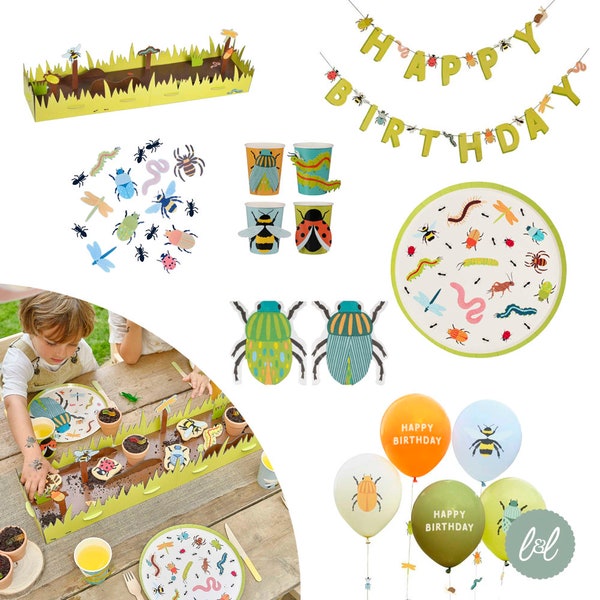 Childrens Birthday Bug Insect Partyware, Bug Paper Cups Plates Napkins & Decorations, Kids Party Decorations, Insect Birthday Party Balloons