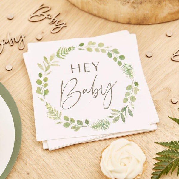 16 Botanical Hey Baby Napkins, Baby Shower Napkins, Gender Reveal Party, Eucalyptus Baby Shower Napkins, Eco Baby Shower, New Baby Party