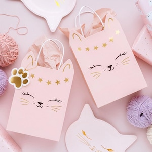 Sac cadeau chat rose, sacs de fête d'anniversaire filles, fête de chaton, sac de fête d'anniversaire de fille, sacs cadeau en papier rose avec poignée X1