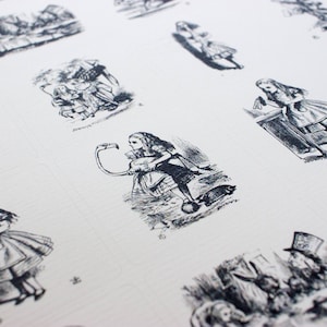 May include: Black and white illustrations of scenes from Alice in Wonderland. The illustrations feature Alice interacting with various characters and objects from the story, such as the Mad Hatter, the Cheshire Cat, and the Queen of Hearts.