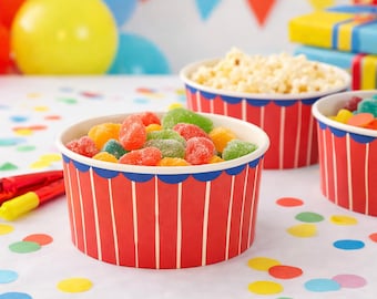 Red Paper Ramekin Party Dishes, Small Round Food Bowls for Birthdays, Kids Parties and Happy Celebrations (Pack of 4, 12.5 cm)