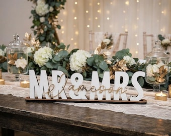 Top Table Mr Mrs Sign With Acrylic Surname, Wedding Name Sign, Table Decoration, Personalised Wedding Surname Sign With Stand, Wooden