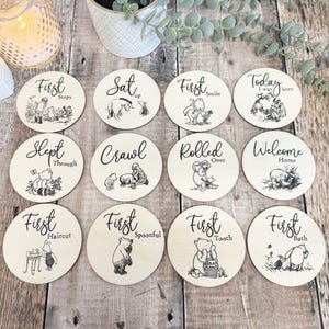 12 disques en bois pour bébé, cadeau de naissance Winnie l'ourson, cadeau de baby shower, accessoire de photographie, cadeau souvenir en bois pour bébé nouveau-né