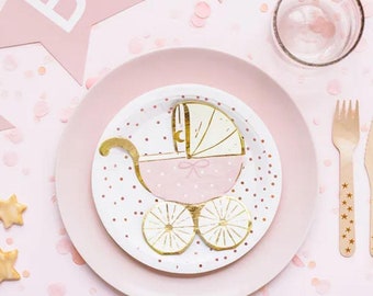 Pink Pram Baby Shower Paper Napkins, Girls Baby Shower Tableware, Mum to Be Party & Christening Napkins (Pack of 20, 33 cm)
