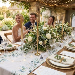 Op de afbeelding: Een prachtig gedekte eettafel in de openlucht met een bloemstuk van witte rozen en groen. Gouden dinerkaarsen in glazen en messing houders, samen met elegante couverts, creëren een feestelijke sfeer. Een witte tafelloper met een botanisch ontwerp voegt een vleugje elegantie toe.