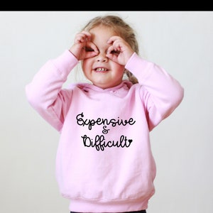 Puede incluir: Una sudadera con capucha rosa con el texto "Expensive & Difficult" en letras cursivas negras.