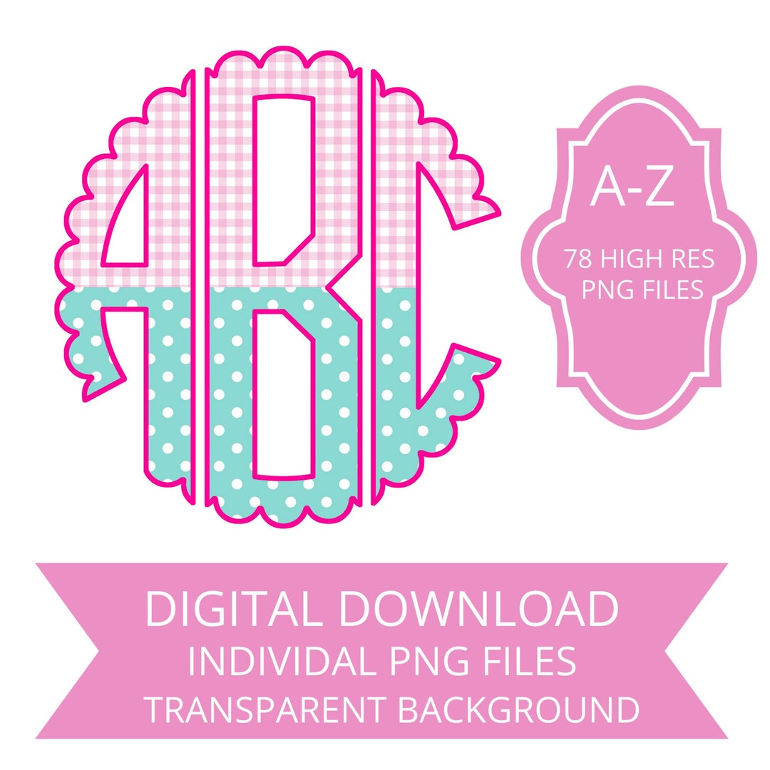 Pink Am Monogram Gingham Light Pink & Aqua Monogram PNG, Monogram Alphabet Pack, Scallop ...