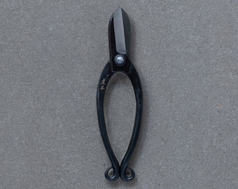 May include: Black metal pruning shears with a curved handle and a single rivet. The shears have a Japanese inscription on the handle.