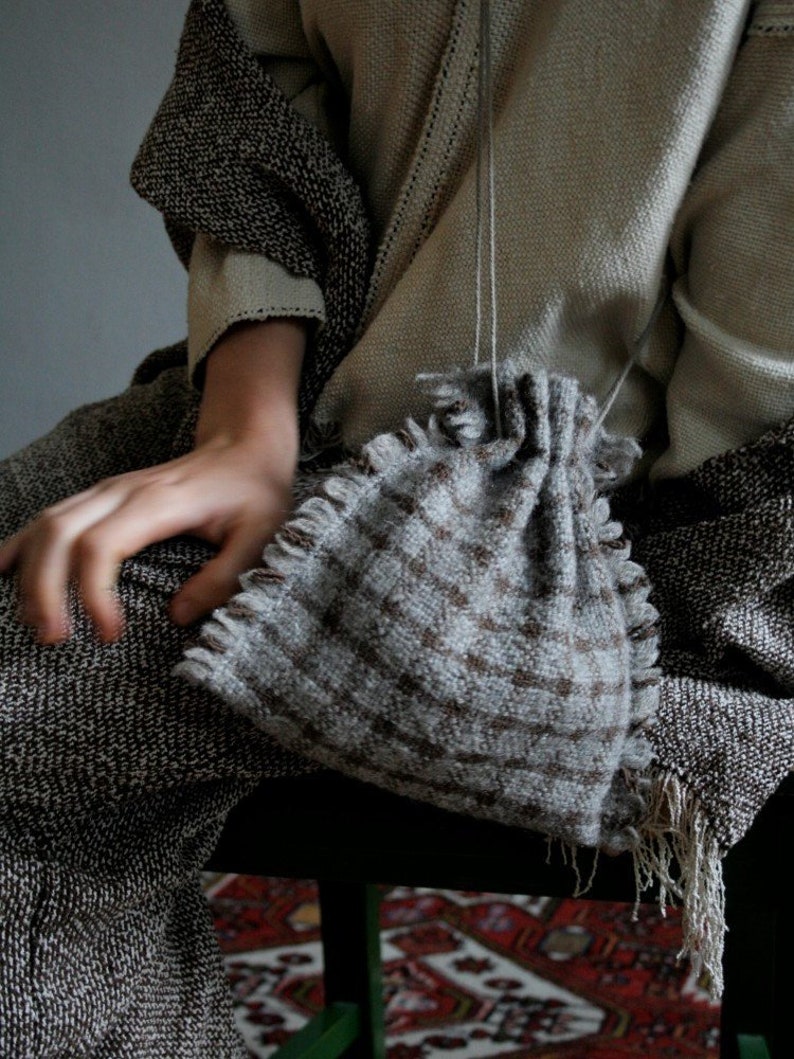 SALE 30/% OFF Handwoven Drawstring Bag Grey and Brown Checks