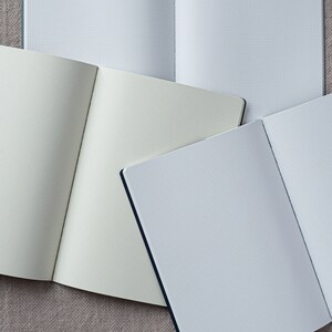 May include: Three open notebooks with gridded pages. The notebooks are on a light brown linen fabric background. The notebooks have black and blue covers.