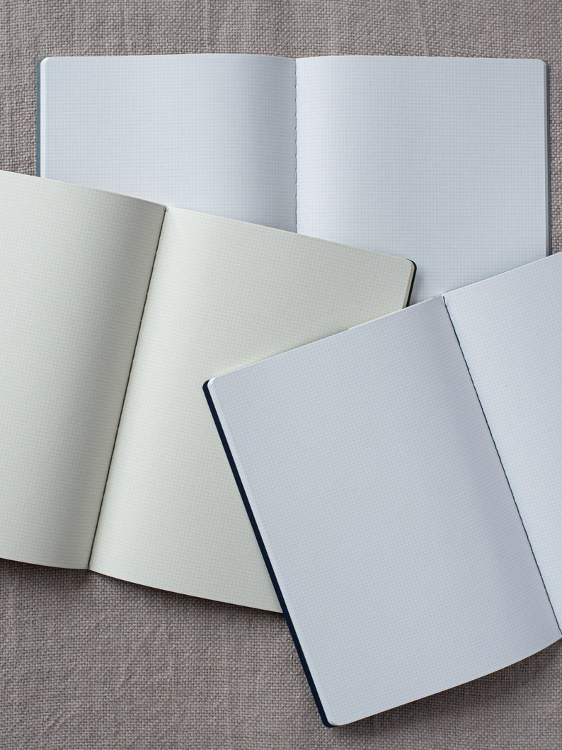 May include: Three open notebooks with gridded pages. The notebooks are on a light brown linen fabric background. The notebooks have black and blue covers.