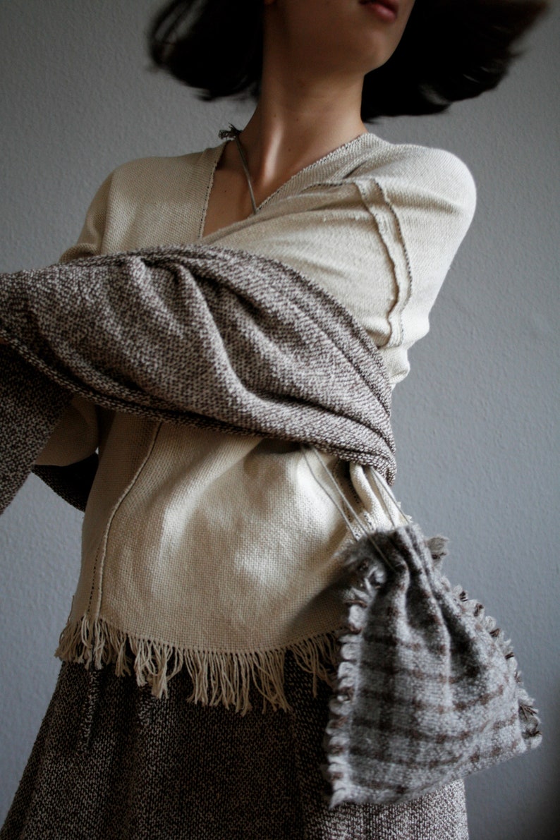 SALE 30/% OFF Handwoven Drawstring Bag Grey and Brown Checks