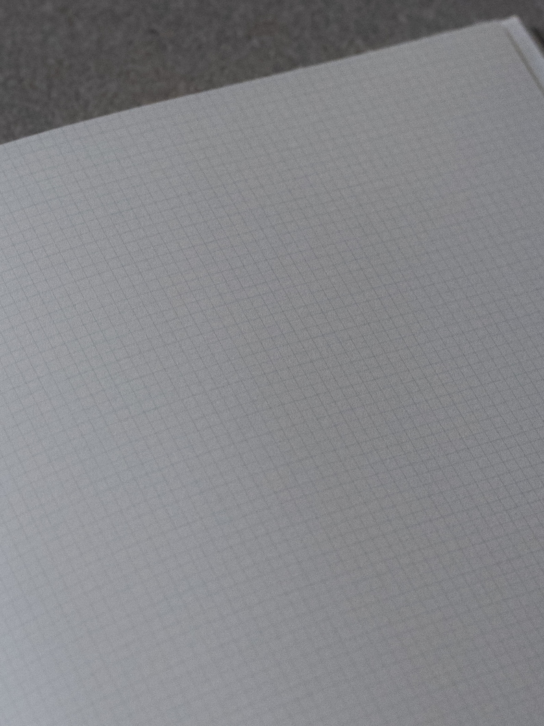May include: A blank, white, gridded notebook with a light gray background.