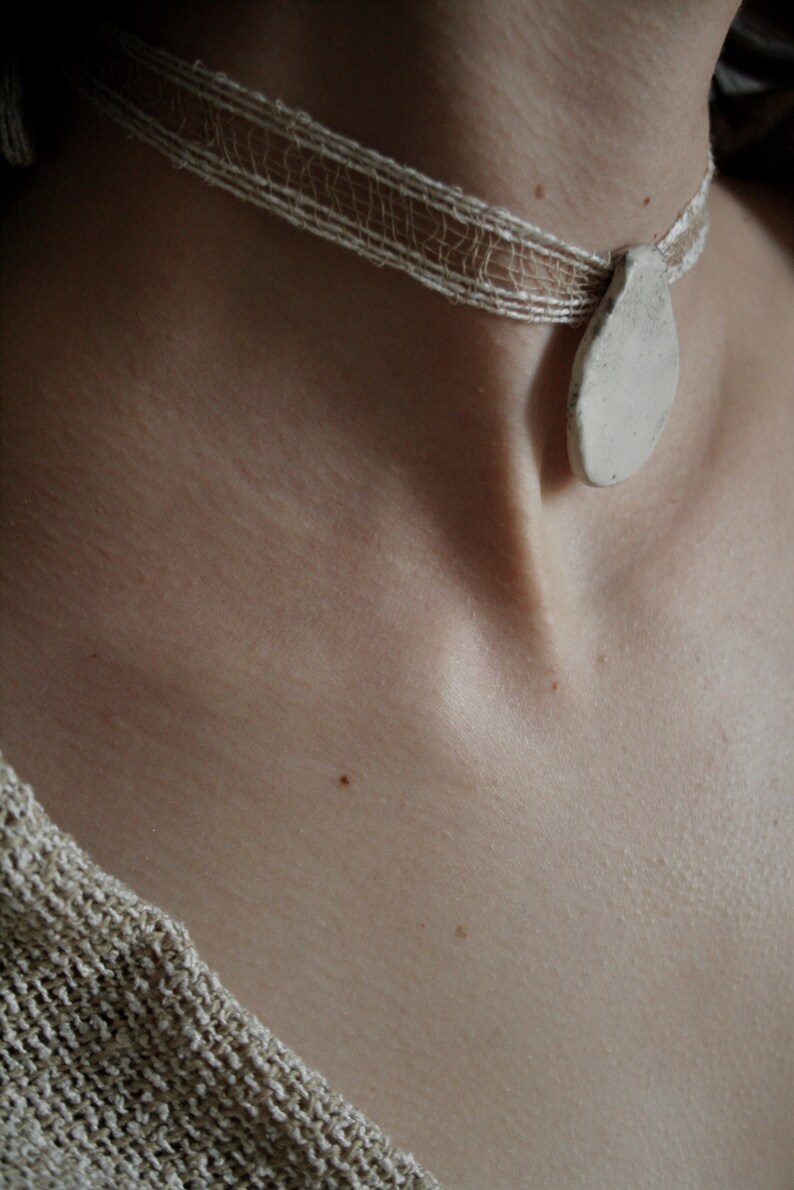 White and Beige Handwoven Pendant Collar