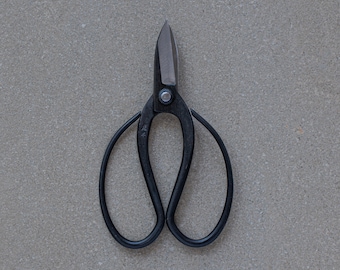 May include: Black pruning shears with a silver handle and a curved blade. The shears are on a gray textured background.