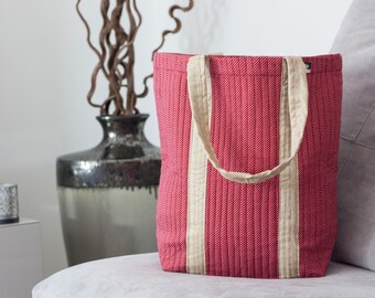 Cherry Red+Beige Reusable Tote // Oversized Bag // Carry All // Fair Trade // Handmade // Gifts for Mom // Satchel // Travel