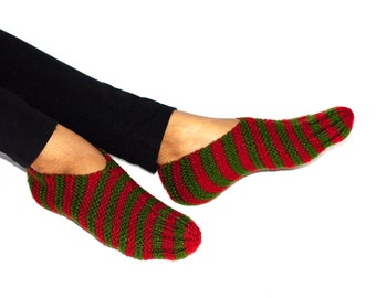 Red + Green Striped Hand-Knitted Socks // Christmas Gift // Gifts for Her // Cozy Socks // Handmade // Fair Trade // House Slippers // Comfy
