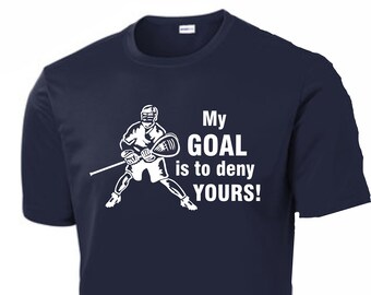 Lacrosse "My Goal Is To Deny Yours" t-shirt for adults and youth in Navy blue