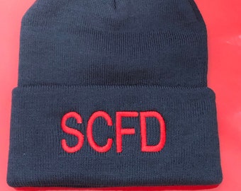 SCFD navy beanie cap with embroidered letters - choose red or white letters - Free Shipping