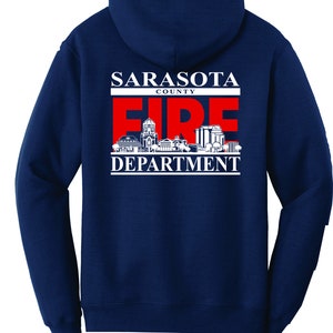 SCFD Navy Hoodie Sarasota Fire Department Skyline on back Free Shipping image 2