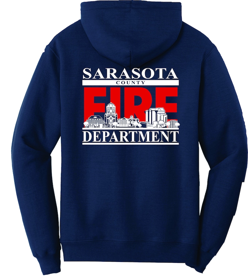 SCFD Navy Hoodie Sarasota Fire Department Skyline on back Free Shipping image 2