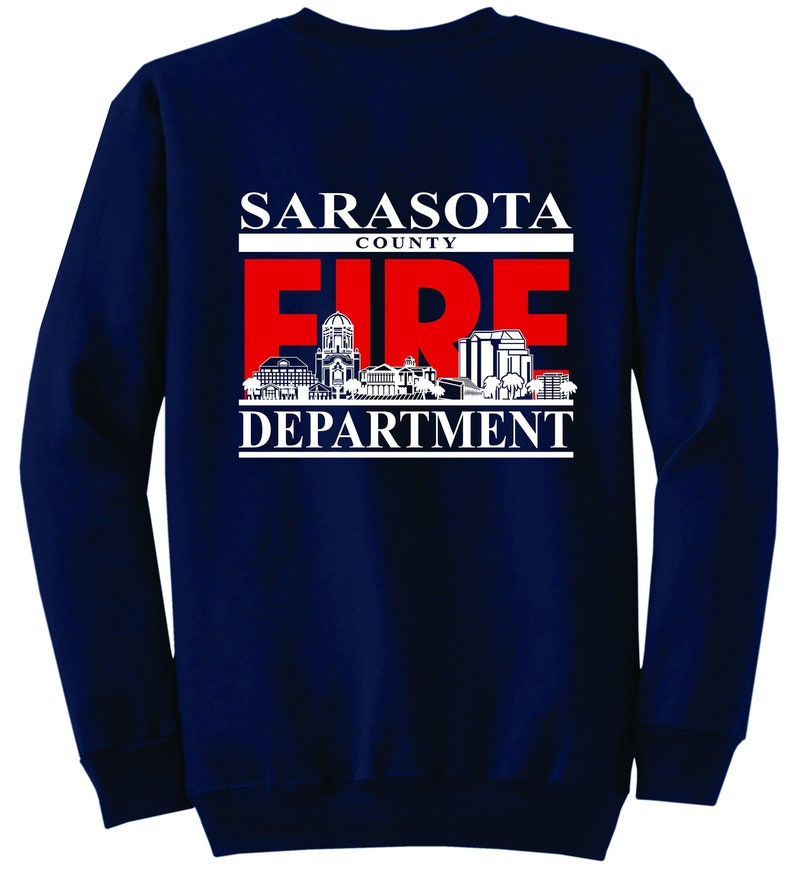 SCFD Crew Sweatshirt in Navy met de skyline van Sarasota op de achterkant Gratis Verzending afbeelding 1