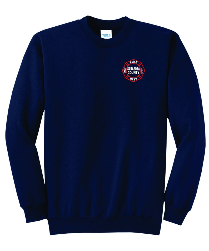 SCFD Crew Sweatshirt in Navy met de skyline van Sarasota op de achterkant Gratis Verzending afbeelding 2