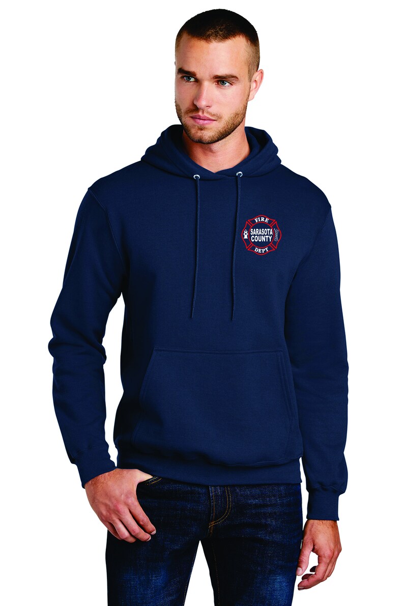 SCFD Navy Hoodie Sarasota Fire Department Skyline on back Free Shipping image 3