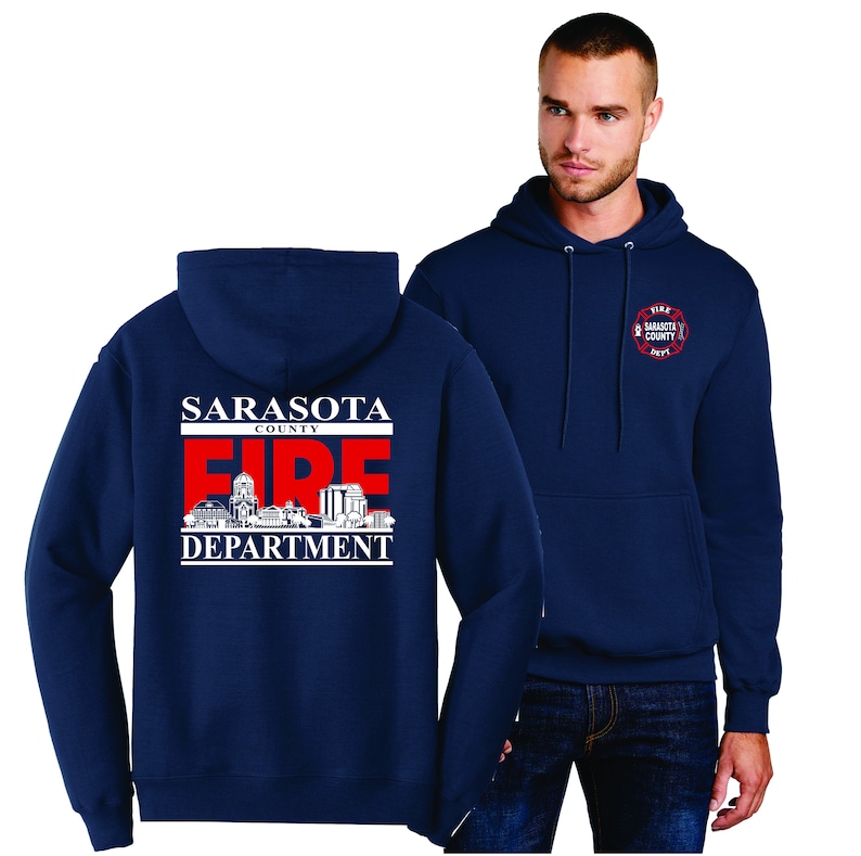 SCFD Navy Hoodie Sarasota Fire Department Skyline on back Free Shipping image 1