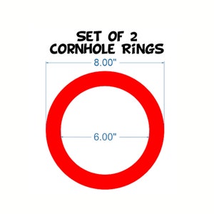 May include: Set of 2 red cornhole rings, each measuring 8 inches in diameter and 6 inches in the center hole.