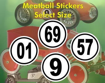 Vintage Look Meatball Race Car Numbers Stickers (2x) For Peddle Car or Golf Cart - Laminated - Select Size