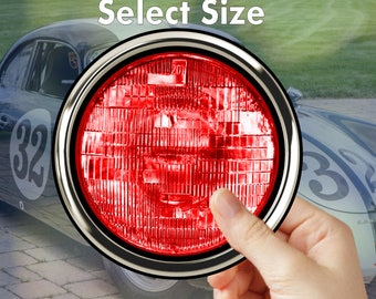 Faux Fake Round Red Headlight Taillight & Chrome Ring Stickers For Stock Cars, Derby, Race Cars, RC, Golf Carts Set of 2