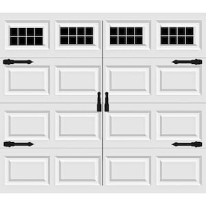 May include: White garage door with six panels and four black window inserts. The door has two black handles with decorative accents.