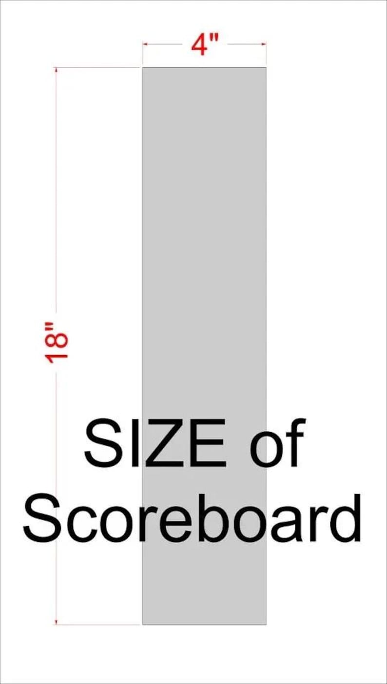 May include: A rectangular light gray scoreboard with a vertical orientation. The dimensions are clearly marked with red lines and text, indicating a width of 4 inches and a height of 18 inches. The text SIZE of Scoreboard is printed in black.
