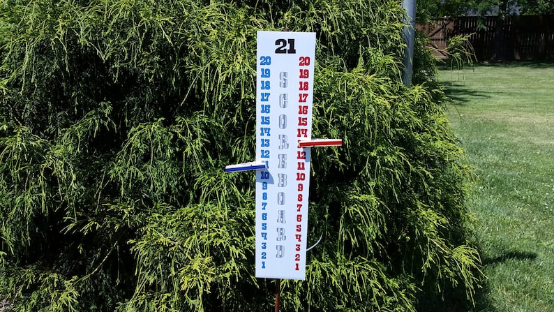 May include: A white vertical scoreboard with the text 21 SCOREBOARD printed at the top. Two columns of numbers from 1 to 20 are displayed in blue on the left and red on the right. Two coloured clips are attached to the board to track the score.