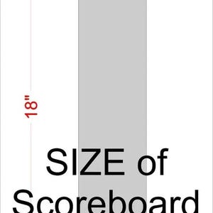 May include: A rectangular light gray scoreboard with a vertical orientation. The dimensions are clearly marked with red lines and text, indicating a width of 4 inches and a height of 18 inches. The text SIZE of Scoreboard is printed in black.