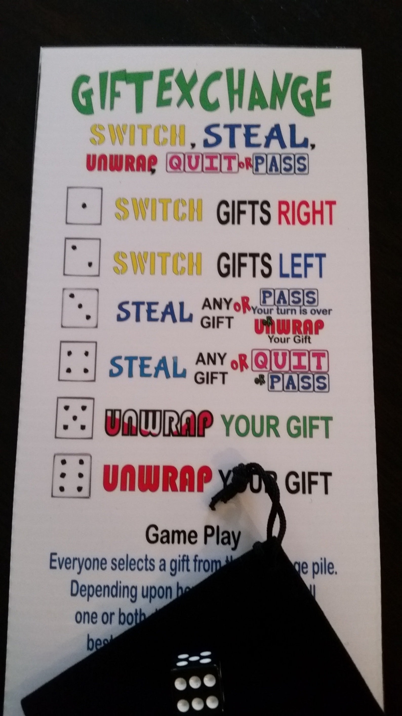 Gift Exchange White Elephant Dice Game With Game Board and Etsy