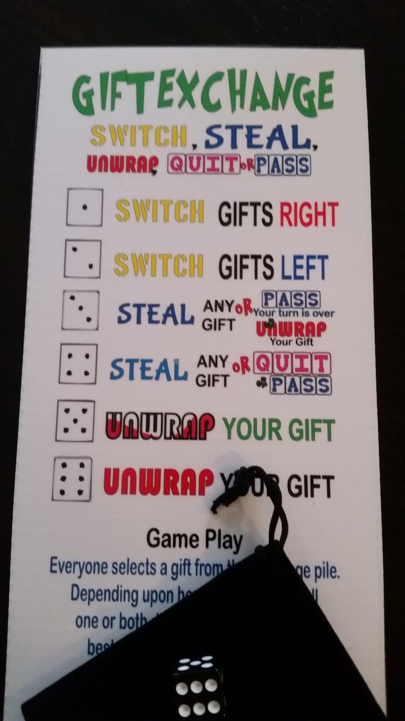 gift exchange white elephant dice game with game board and