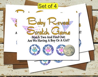 Baby Gender Reveal Scratch Off Cards - Set of 4 - Pregnancy Announcement Game Cards