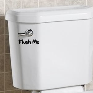 May include: White toilet tank with a chrome handle and a black vinyl sticker that says "Flush Me".