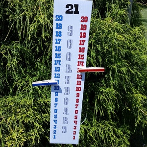 May include: A vertical white scoreboard with the text SCOREBOARD printed in silver. It features two columns of numbers from 1 to 21 in blue and red. A blue clothespin marks the number 12 on the left, and a red clothespin marks 12 on the right.