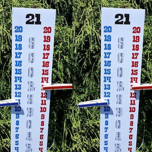 May include: Two white wooden scoreboards with blue and red sliding pieces. The scoreboards are numbered 4 to 21 and have the word "SCORE" written vertically in silver letters.