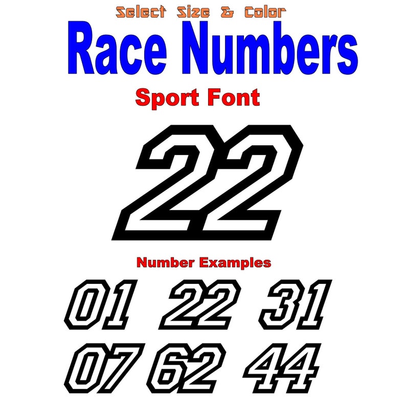 Sport Font Race Number Decals Select Size /& Color