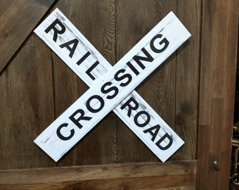 Railroad Crossing Sign Replica 18" x 18" - Faux Weathered Wood Grain - For Home Decor, Bar, Kids Room, Man Cave & More